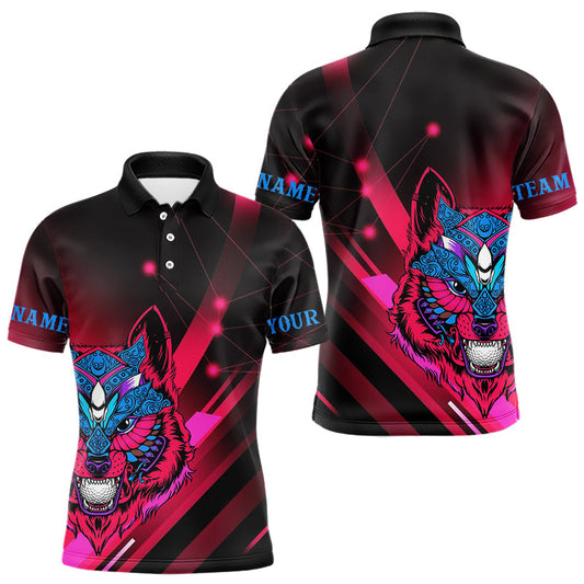 Maxcorners Funny Pink Wolf Golf Polo Shirt For Men Custom Golf Ball Team Jersey Mens Golf League Shirt Golf Gifts