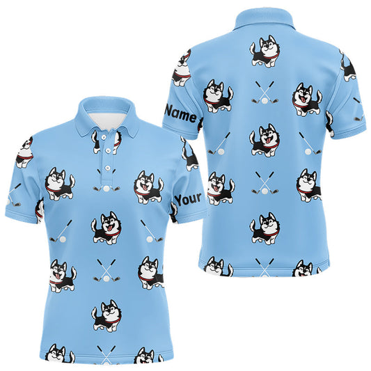 Maxcorners Funny Husky Mens Golf Polo Shirt Custom Blue Golf Clubs Pattern Golf Team Shirt, Dog Lover Gift