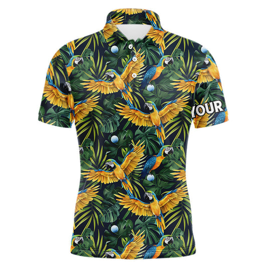 Maxcorners Mens Golf Polo Shirt Custom Colorful Parrots And Floral Tropical Pattern Team Golf Shirts, Golf Gift