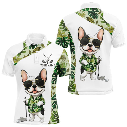 Maxcorners Green Tropical Pattern Mens Golf Polo Shirts Custom Cute Bulldog Golf Tops, White Golf Outfit For Men