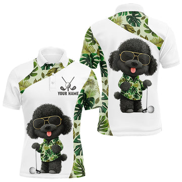 Maxcorners Funny Mens Golf Polo Shirt Custom Tropical Leaf Pattern Personalized Poodle Dog Golf Shirts For Men