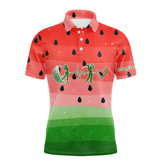 Maxcorners Watermelon Polo Shirt For Women Men, Heartbeat Couple Matching Golf Polo Shirt Custom Valentines Outfit