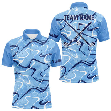 Maxcorners Blue And White Mens Golf Polo Shirts Custom Blue Camo Golf Tops For Men, Personalized Golf Gifts