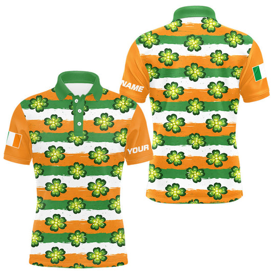 Maxcorners Mens Golf Polos Shirts Custom Green Clover St Patricks Day Pattern Ireland Flag Golf Shirt For Men LM1104