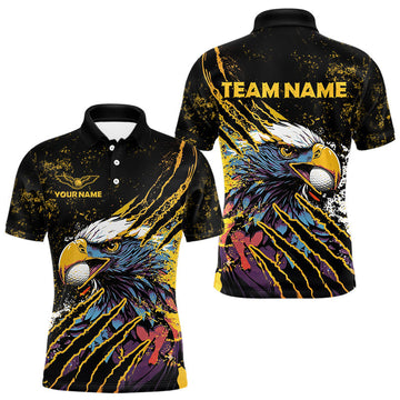 Maxcorners Mens Golf Polo Shirt Custom Yellow And Black Grunge Ripped Eagle Grasping Golf Ball Golf Apparel