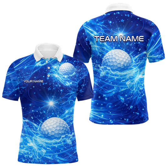Maxcorners Personalized Mens Golf Polo Shirt Blue Water Splash Golf Ball Custom Name Golf Tops For Team