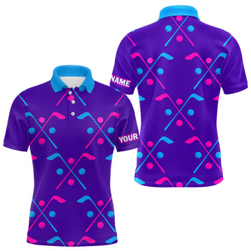 Maxcorners Mens Golf Polo Shirts Blue Purple Pink Custom Golf Balls And Golf Clubs Pattern, Team Golf Shirt