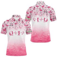 Maxcorners Pink Flamingo Heart Theme Matching Golf Polos For Couple Custom Couple Valentines Outfit