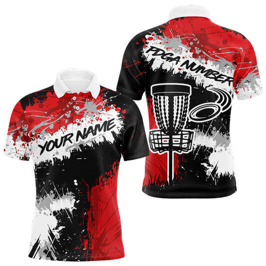 Maxcorners Black And Red Mens Golf Polo Shirt Custom Team Number Vintage Disc Golf Basket Mens Golf Wears