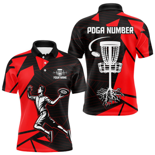 Maxcorners Mens Disc Golf Polo Shirt Custom Name Black And Red Disc Golf Basket Golf Shirts Personalized