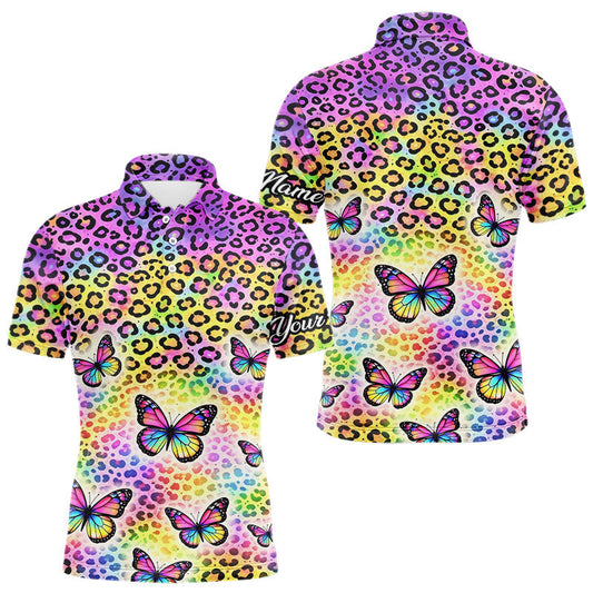 Maxcorners Mens Golf Polo Shirt Colorful Rainbow Leopard Print Pattern Custom Butterfly Team Golf Tops For Men