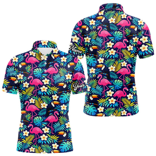 Maxcorners Mens Golf Polo Shirt Flamingo Floral Pattern, Colorful Tropical Leaves Custom Team Golf Shirt LM1104