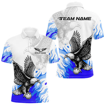 Maxcorners Mens Golf Polo Shirt Custom Eagle Blue Flame Golf Tops, Personalized White Golf Outfit For Men