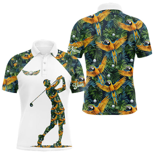 Maxcorners Mens Golf Polo Shirt Custom Colorful Parrots And Floral Tropical Pattern Team Golf Shirts, Golf Gifts