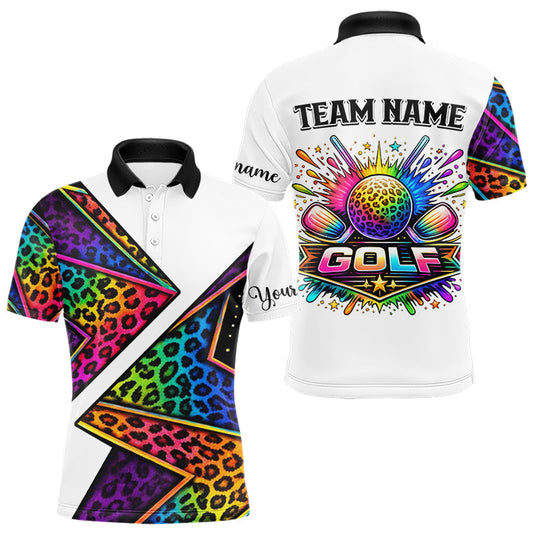 Maxcorners Rainbow Mens Golf Polo Shirt Leopard Print Pattern Custom Golf Ball Team Golf Tops, Golf Gifts