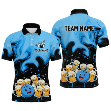 Maxcorners Funny Beer Bowling Shirts Blue for Women Men Bowling Polo&1/4 Zip Bowling League