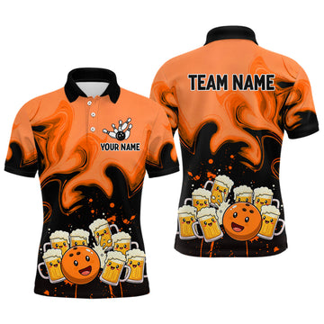 Maxcorners Funny Beer Bowling Shirts Orange for Women Men Bowling Polo&1/4 Zip Bowling League