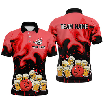 Maxcorners Funny Beer Bowling Shirts Red for Women Men Bowling Polo&1/4 Zip Bowling League