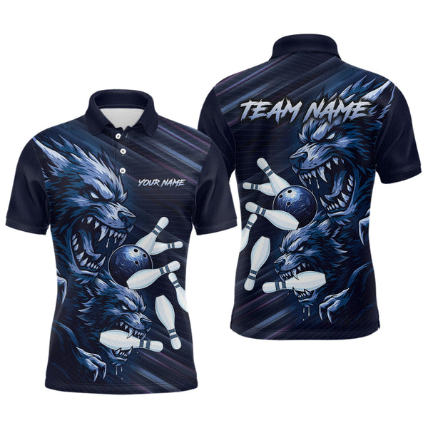 Maxcorners Wolf Bowling Shirts for Team Women Men Custom Blue Wolf Bowling Polo&1/4 Zip LM3010