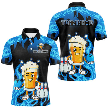 Maxcorners Blue Flaming Beer Bowling Shirts Beer Bowling Jersey for Team Women Men Bowler LM0101