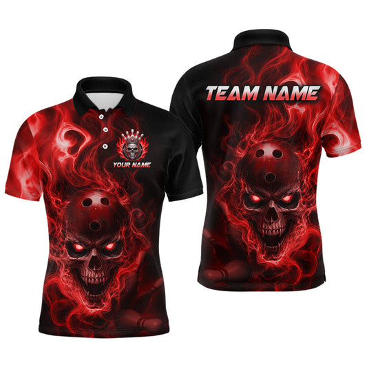 Maxcorners Custom Red Flame Skull Bowling Jersey for Men Bowling Team Shirts Bowling League Polo & 1/4 Zip