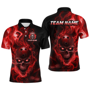 Maxcorners Custom Red Flame Skull Bowling Jersey for Men Bowling Team Shirts Bowling League Polo & 1/4 Zip LM0706