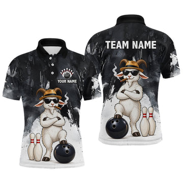 Maxcorners Black Funny Goat Bowling Team Shirts for Men Custom Bowling Gifts for Bowler Polo & 1/4 Zip LM2709