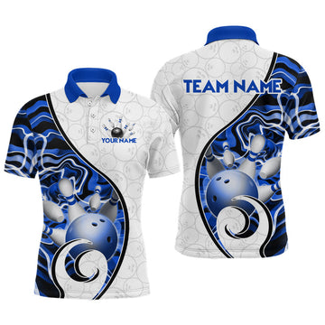 Maxcorners Custom Blue Liquid Swirl Bowling Jersey for Men Bowling Team Shirts Bowling League Polo & 1/4 Zip
