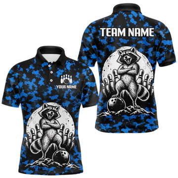 Maxcorners Custom Blue Camo Funny Raccoon Bowling Team Shirts for Men Bowling League Polo & 1/4 Zip