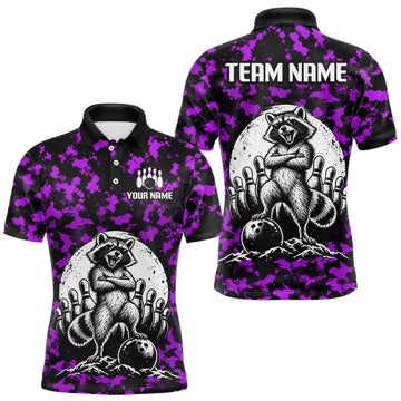 Maxcorners Custom Purple Camo Funny Raccoon Bowling Team Shirts for Men Bowling League Polo & 1/4 Zip