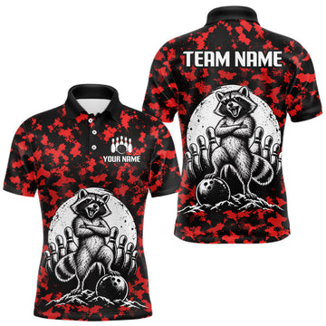 Maxcorners Custom Red Camo Funny Raccoon Bowling Team Shirts for Men Bowling League Polo & 1/4 Zip