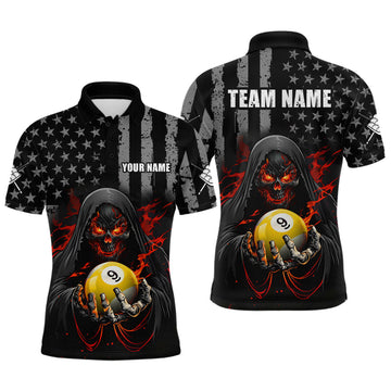 Maxcorners Custom Red US Skull 9 Ball Billiard Shirts for Men Billiard Team Shirts Billiard League Polo & 1/4 Zip