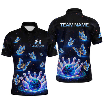 Maxcorners Custom Galaxy Butterflies Bowling Jersey for Men Bowling Tournament Polo & 1/4 Zip Bowling Team Shirts LM1202