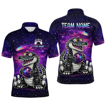 Maxcorners Custom Funny Galaxy Alligator Bowling Jersey for Men Bowling Tournament Polo & 1/4 Zip Bowling Team Shirts