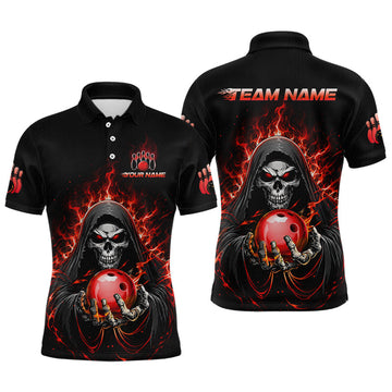 Maxcorners Custom Red Flame Grim Reaper Bowling Jersey for Men Bowling Team Shirts Polo & 1/4 Zip