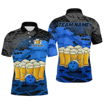 Maxcorners Custom Blue Beer Bowling Shirts for Men Bowling Team Jersey Bowling League Polo & 1/4 Zip