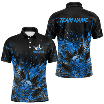 Maxcorners Personalized Blue Bowling Jerseys For Men, Custom Bowling Team Shirts Bowling Pin And Ball