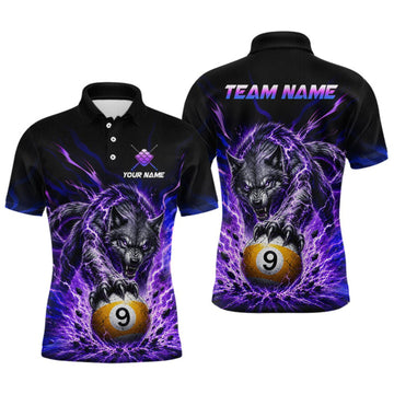 Maxcorners Custom Purple Thunder Wolf 9 Ball Billiard Shirts for Men Billiard Team Polo & 1/4 Zip LM0409