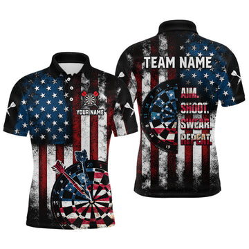 Maxcorners Custom US Flag Aim Shoot Swear Repeat Dart Team Shirts for Men Patriotic Dartboard Shirt