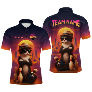 Maxcorners Custom Funny Cat Bowling Jersey For Men Bowling League Bowling Team Shirts Polo & 1/4 LM1104