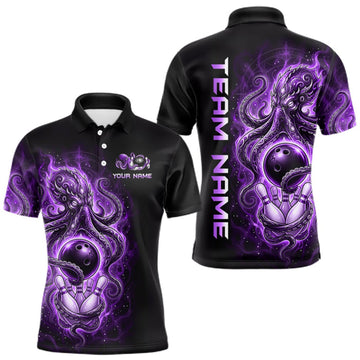 Maxcorners Custom Purple Flame Octopus Bowling Jersey for Men Bowling Team Shirts Polo & 1/4 Zip LM1508