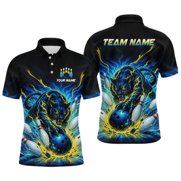 Maxcorners Custom Black Panther Bowling Jersey for Men Yellow Bowling Team Shirts Bowling League Polo & 1/4 Zip