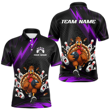 Maxcorners Custom Purple Funny Turkey Bowling Shirts For Men Thanksgiving Bowling Team Jerseys