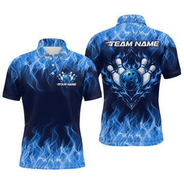 Maxcorners Custom Blue Flame Bowling Shirts For Men Bowling Team Jerseys Bowling League for Bowler