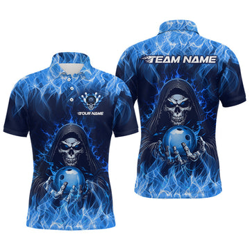 Maxcorners Custom Blue Flame Grim Reaper Bowling Shirts For Men Bowling Team Jerseys Bowling League