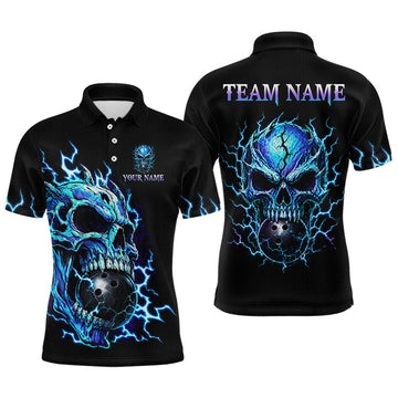 Maxcorners Custom Blue Skull Thunder Bowling Jersey for Men Bowling Team Shirts Bowling League LM2607