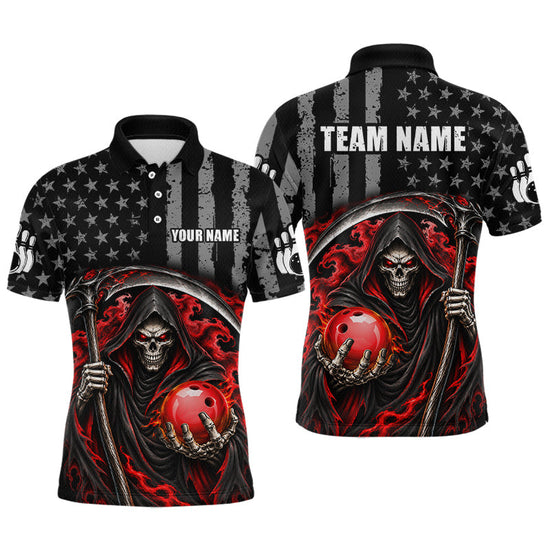 Maxcorners Custom US Flag Grim Reaper Bowling Jerseys for Men Bowling Team Jerseys Bowling for Bowlers