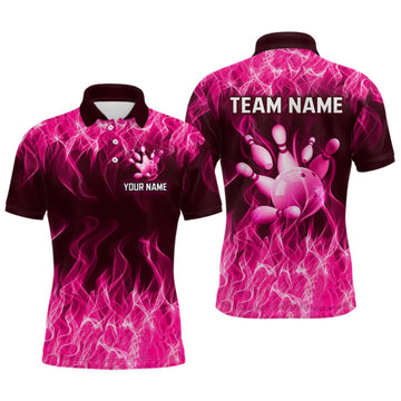 Maxcorners Custom Pink Flame Bowling Jersey for Men, Breast Cancer Bowling Team Shirts Polo & 1/4 Zip LM0409
