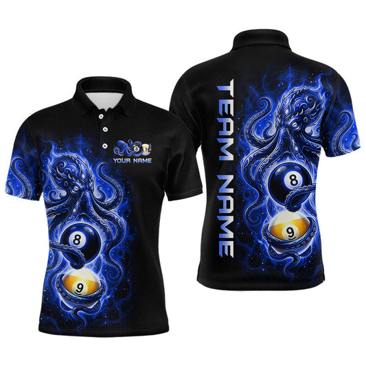 Maxcorners Custom Blue Octopus 8 Ball 9 Ball Billiard Shirt for Men Billiard Team Jerseys Billiard League LM2306