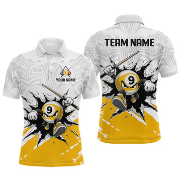 Maxcorners Custom Yellow Cracked Funny 9 Ball Pool Shirts Men Billiard Polo & 1/4 Zip Shirts Billiard Team Jerseys LM2306